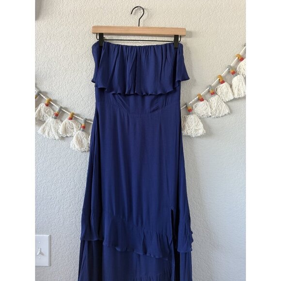 Reformation Indy Navy Strapless Tiered Ruffle Midi Dress Party Dainty Whimsical - Picture 4 of 11